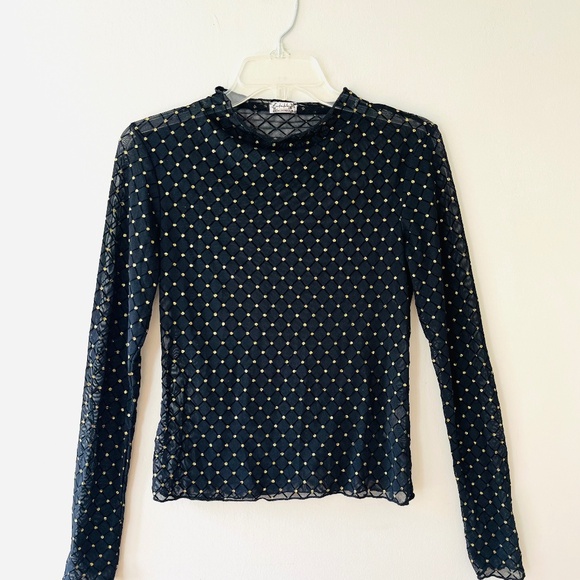 Free People Sz S Mesh Sheer Camisole Pullover Stretch Gold Dots Blouse Top - Picture 2 of 8